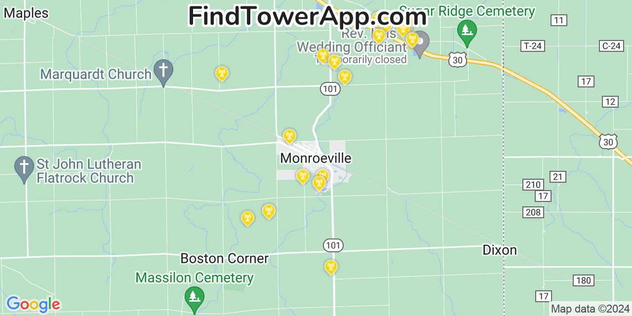 AT&T 4G/5G cell tower coverage map Monroeville, Indiana