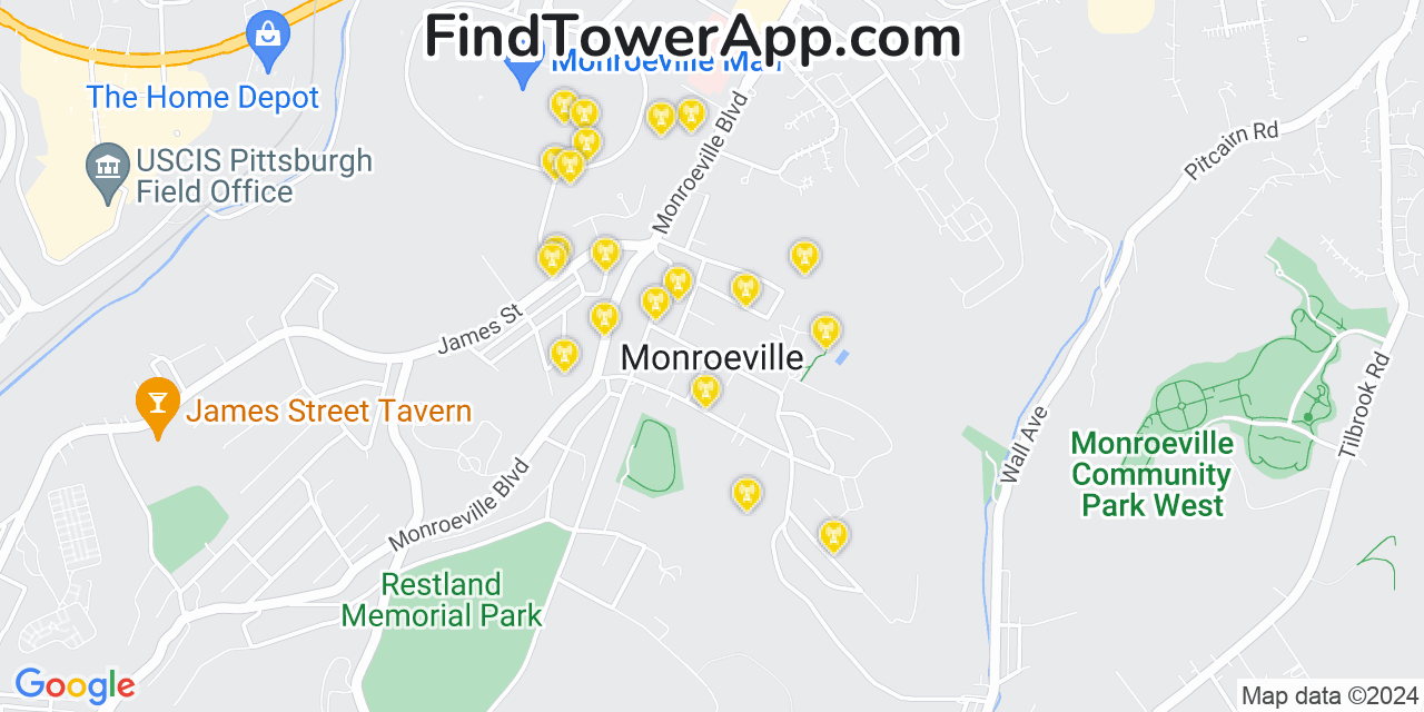 AT&T 4G/5G cell tower coverage map Monroeville, Pennsylvania