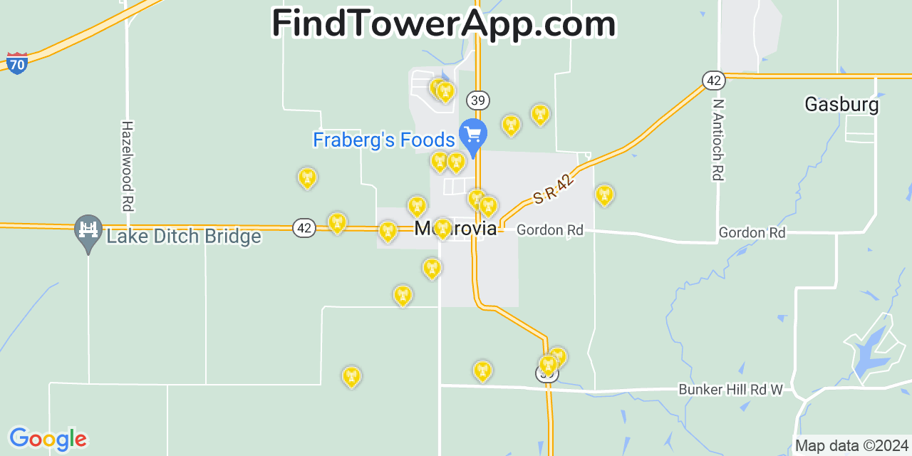 AT&T 4G/5G cell tower coverage map Monrovia, Indiana
