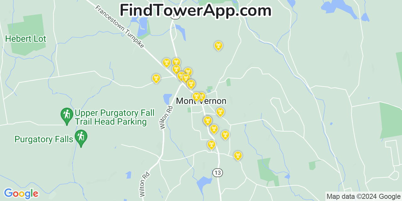 AT&T 4G/5G cell tower coverage map Mont Vernon, New Hampshire