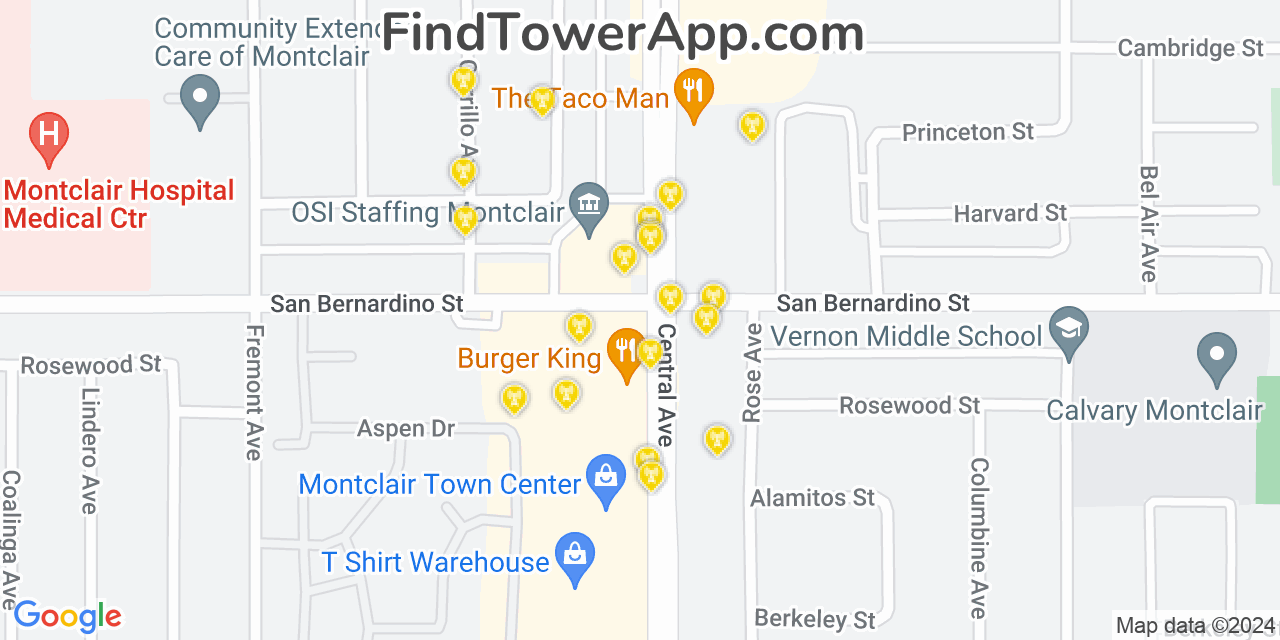 AT&T 4G/5G cell tower coverage map Montclair, California