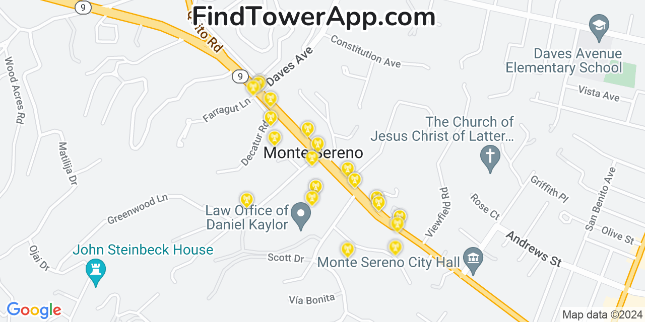 AT&T 4G/5G cell tower coverage map Monte Sereno, California
