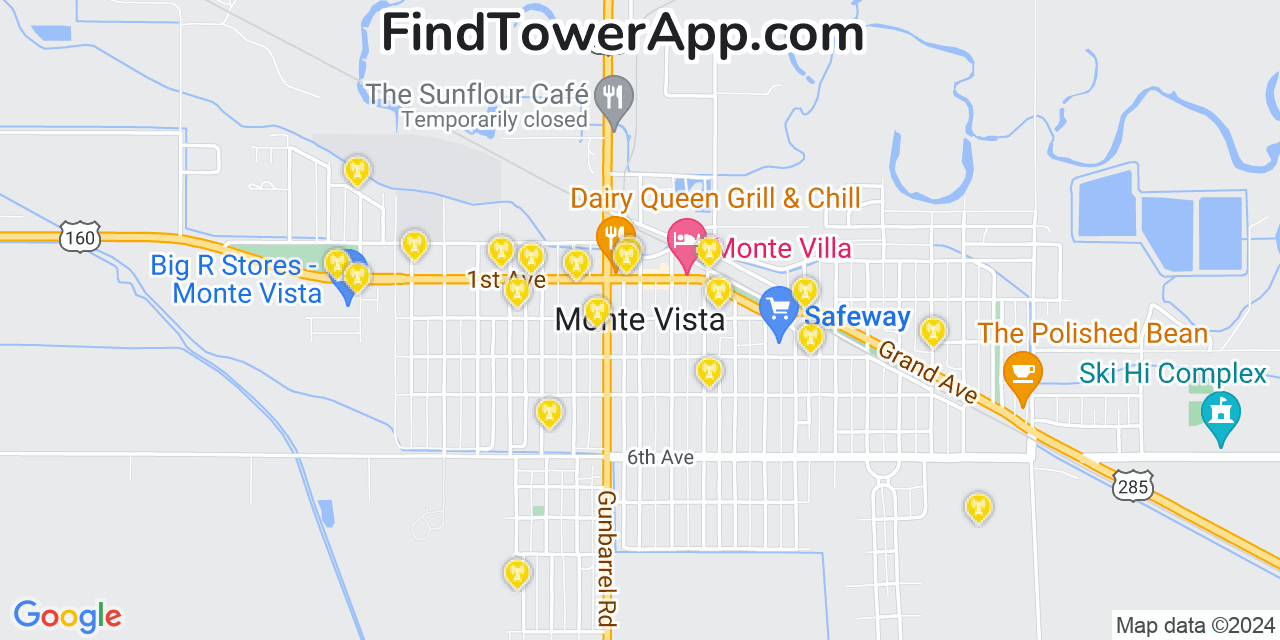 AT&T 4G/5G cell tower coverage map Monte Vista, Colorado