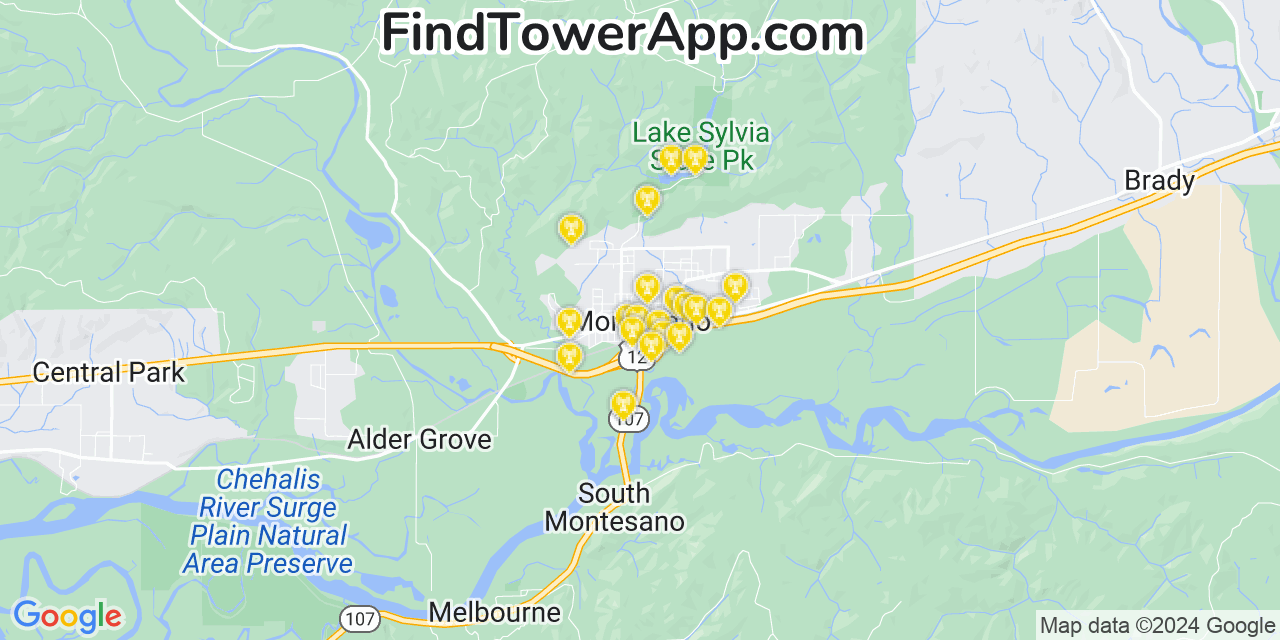 AT&T 4G/5G cell tower coverage map Montesano, Washington