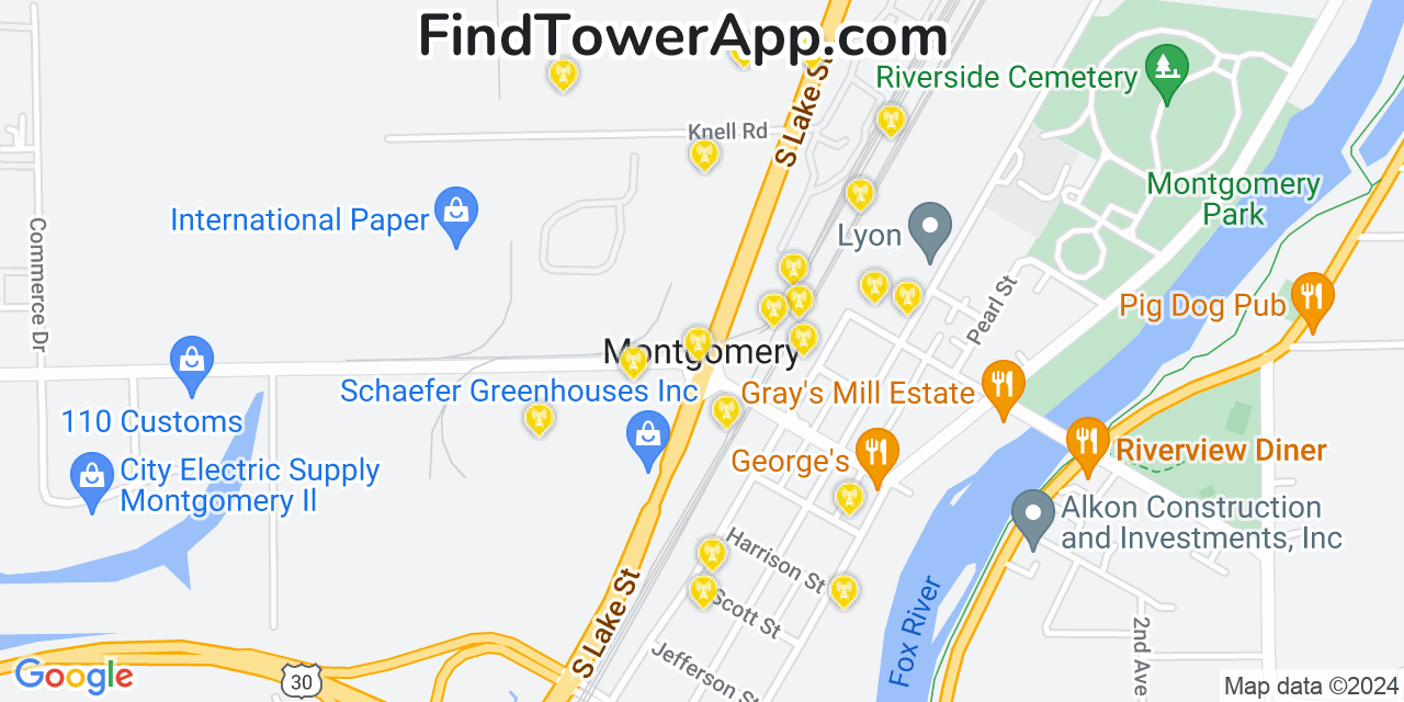 AT&T 4G/5G cell tower coverage map Montgomery, Illinois