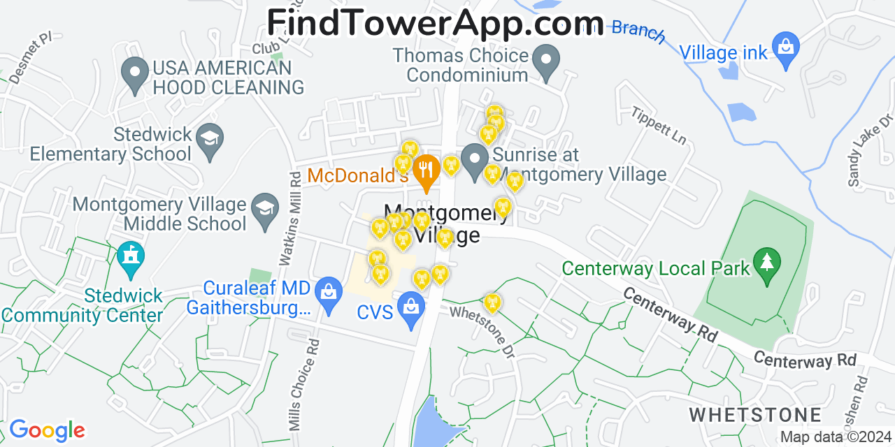 AT&T 4G/5G cell tower coverage map Montgomery Village, Maryland