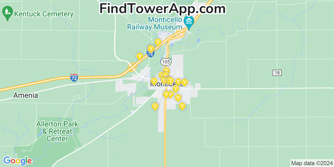 Verizon 4G/5G cell tower coverage map Monticello, Illinois