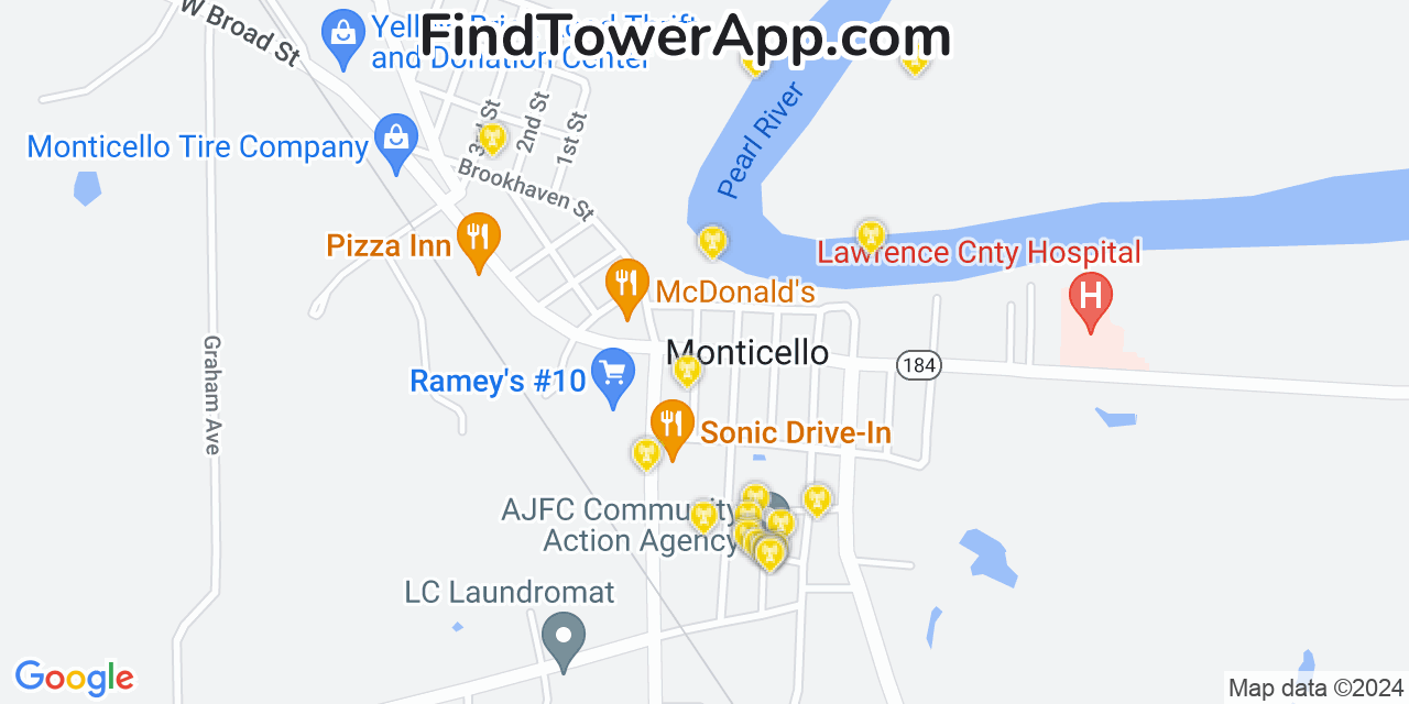 AT&T 4G/5G cell tower coverage map Monticello, Mississippi