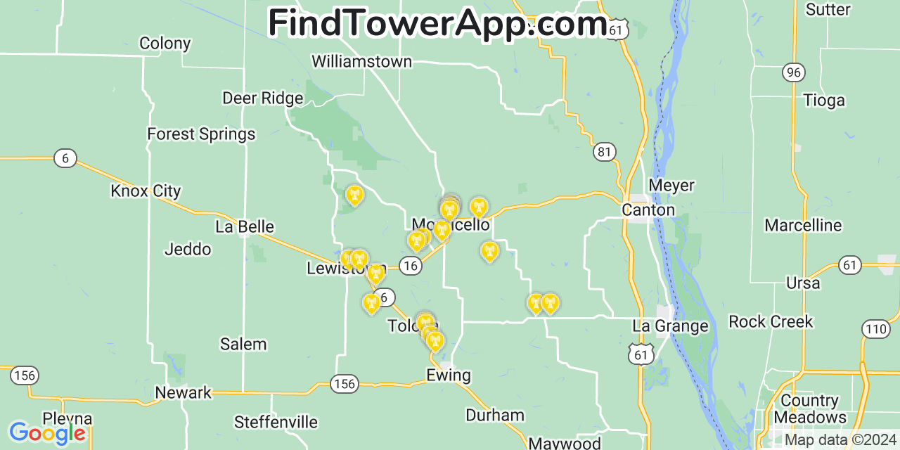 AT&T 4G/5G cell tower coverage map Monticello, Missouri