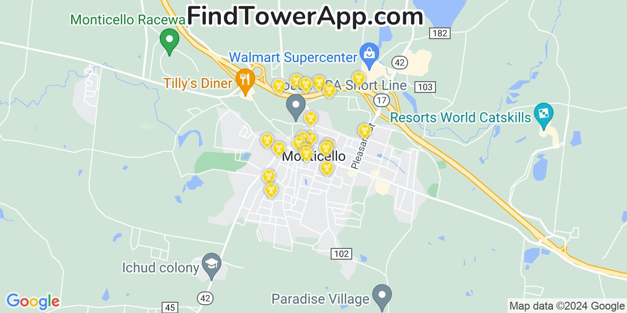 AT&T 4G/5G cell tower coverage map Monticello, New York