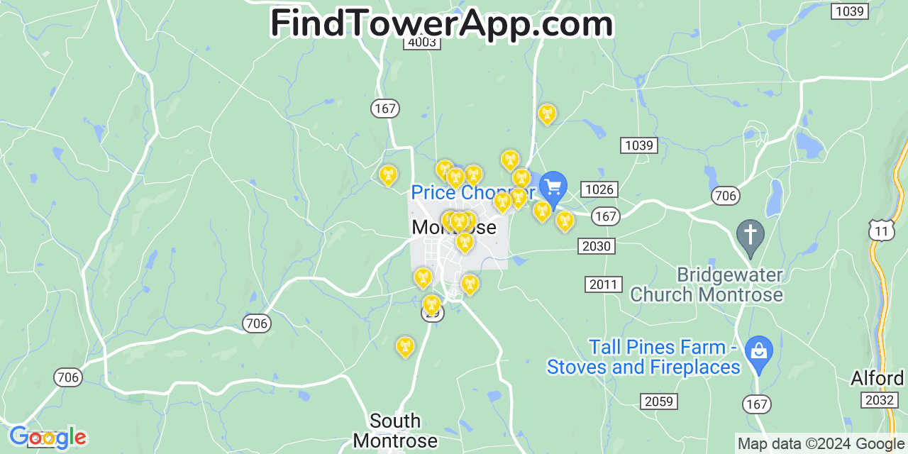 AT&T 4G/5G cell tower coverage map Montrose, Pennsylvania