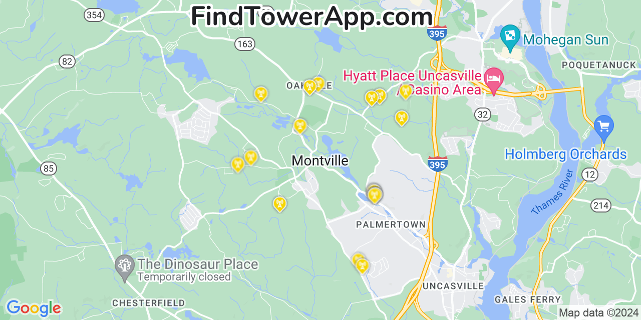 AT&T 4G/5G cell tower coverage map Montville Center, Connecticut
