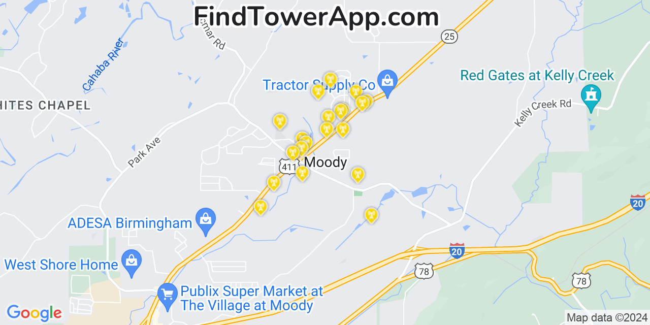 Verizon 4G/5G cell tower coverage map Moody, Alabama
