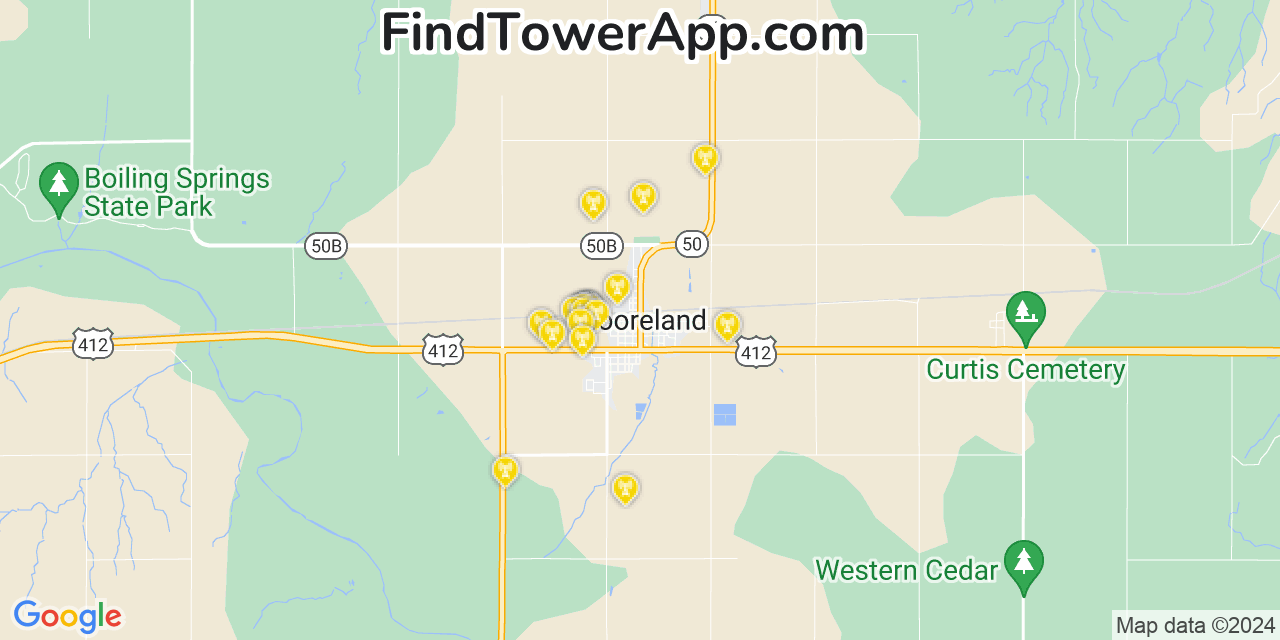 AT&T 4G/5G cell tower coverage map Mooreland, Oklahoma