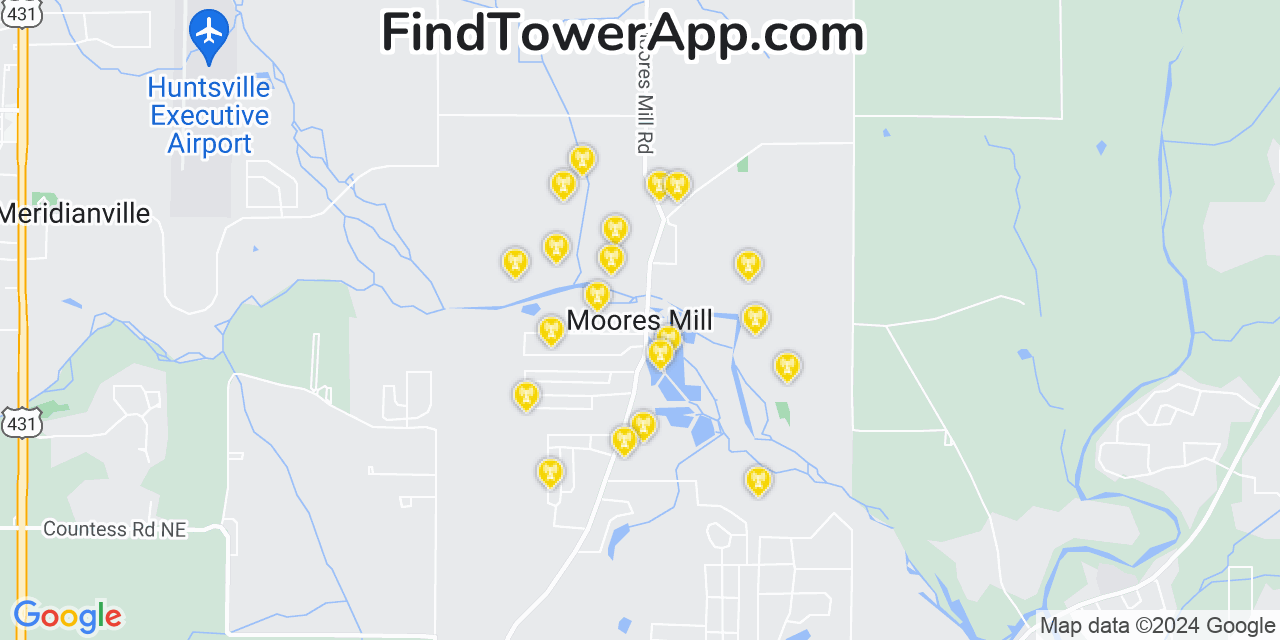 AT&T 4G/5G cell tower coverage map Moores Mill, Alabama