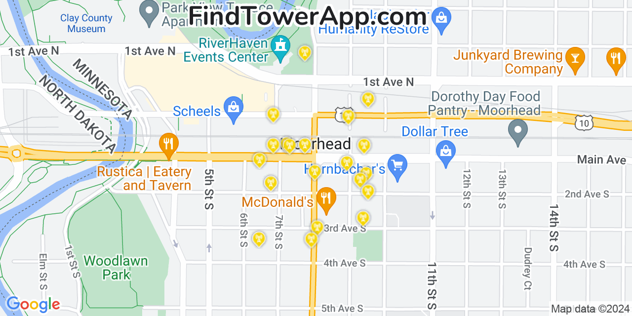 AT&T 4G/5G cell tower coverage map Moorhead, Minnesota