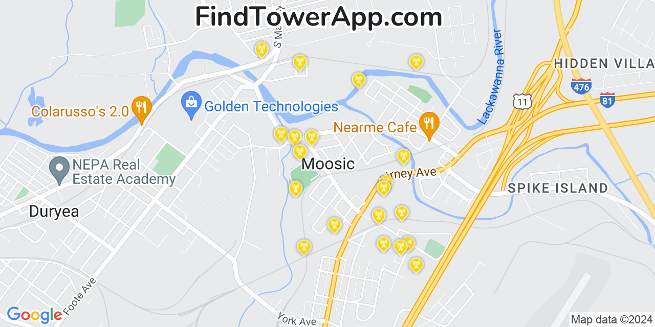AT&T 4G/5G cell tower coverage map Moosic, Pennsylvania