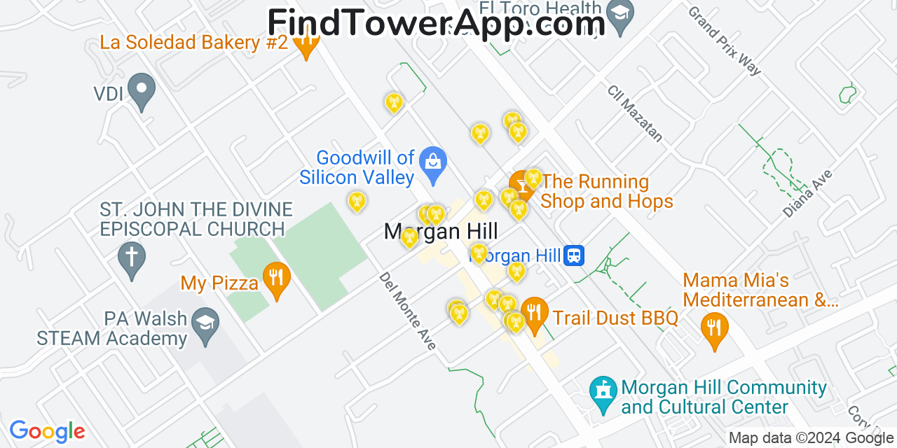 AT&T 4G/5G cell tower coverage map Morgan Hill, California