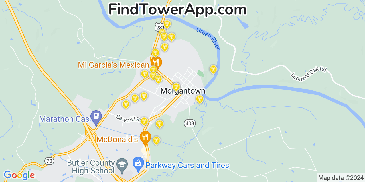 AT&T 4G/5G cell tower coverage map Morgantown, Kentucky