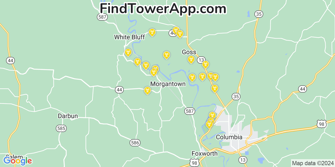 AT&T 4G/5G cell tower coverage map Morgantown, Mississippi