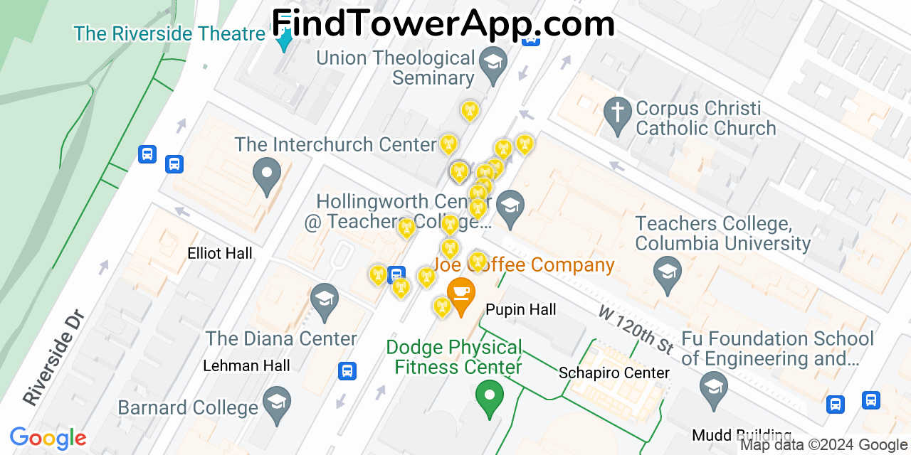 AT&T 4G/5G cell tower coverage map Morningside Heights, New York