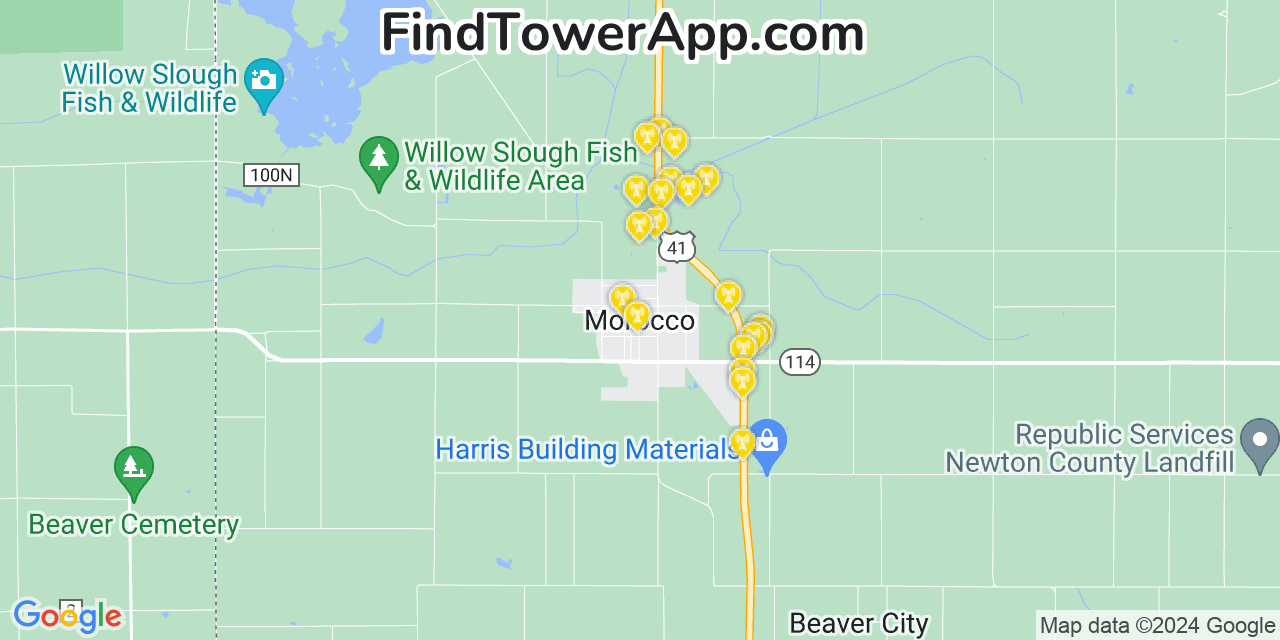 AT&T 4G/5G cell tower coverage map Morocco, Indiana