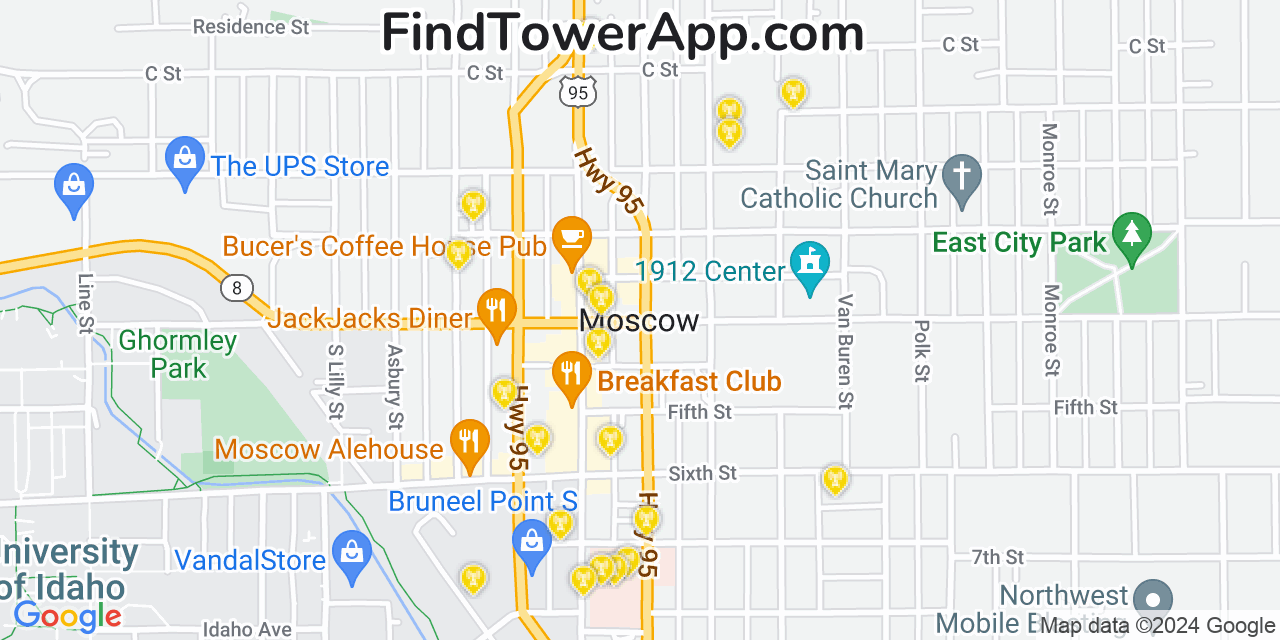 AT&T 4G/5G cell tower coverage map Moscow, Idaho