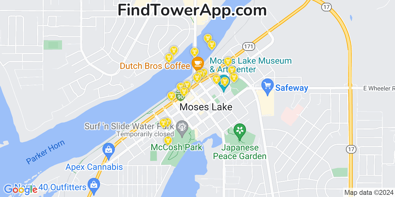 AT&T 4G/5G cell tower coverage map Moses Lake, Washington