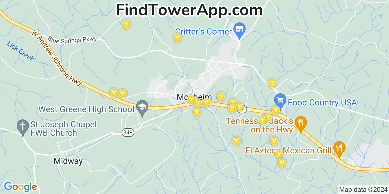 AT&T 4G/5G cell tower coverage map Mosheim, Tennessee
