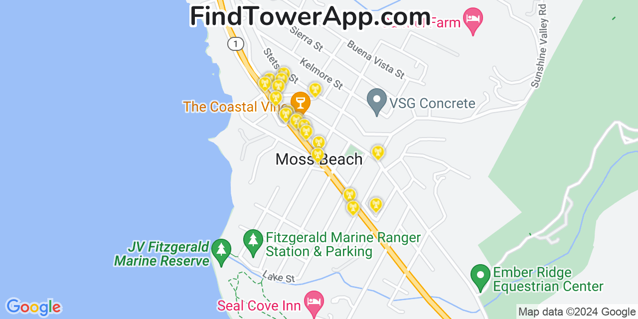 Verizon 4G/5G cell tower coverage map Moss Beach, California
