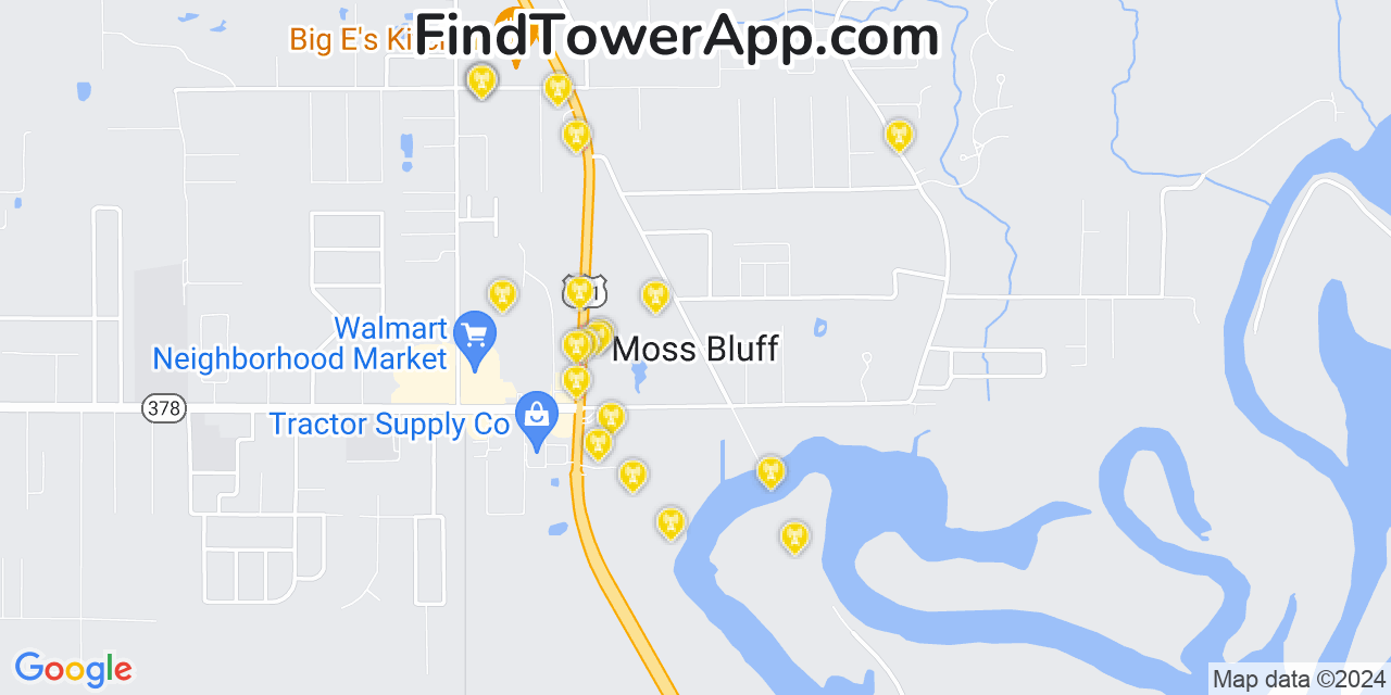 AT&T 4G/5G cell tower coverage map Moss Bluff, Louisiana