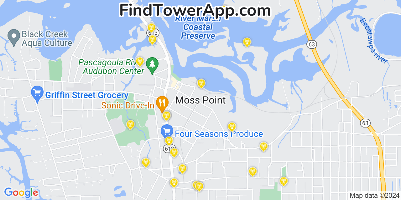 AT&T 4G/5G cell tower coverage map Moss Point, Mississippi