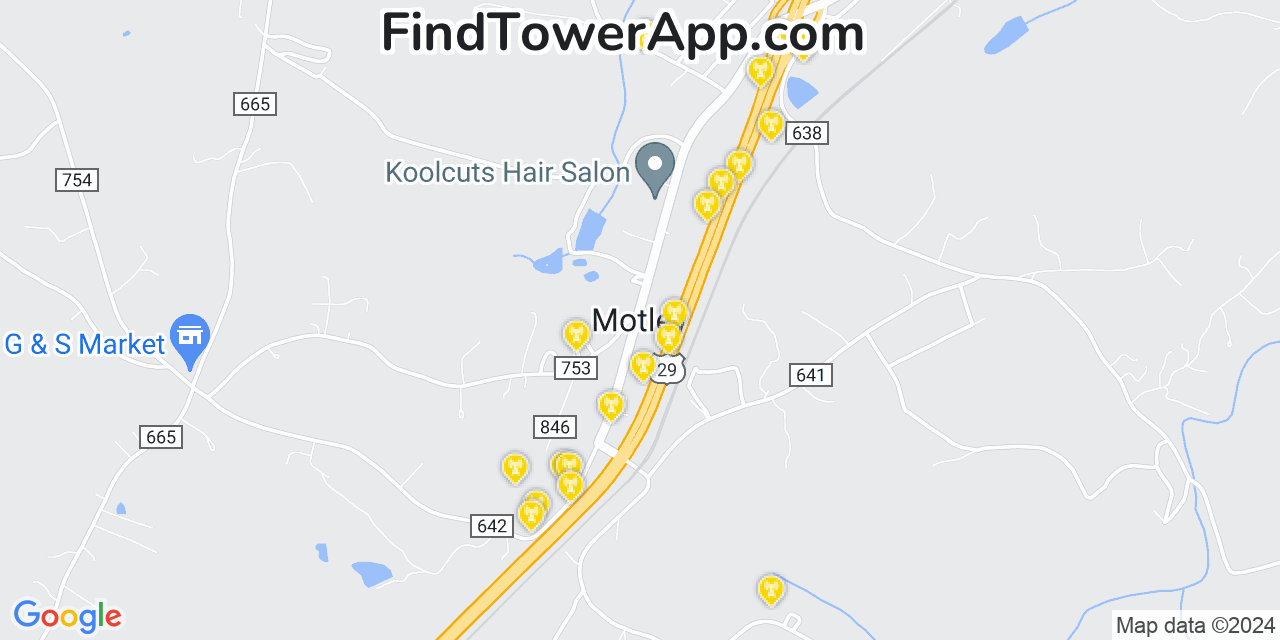 AT&T 4G/5G cell tower coverage map Motley, Virginia