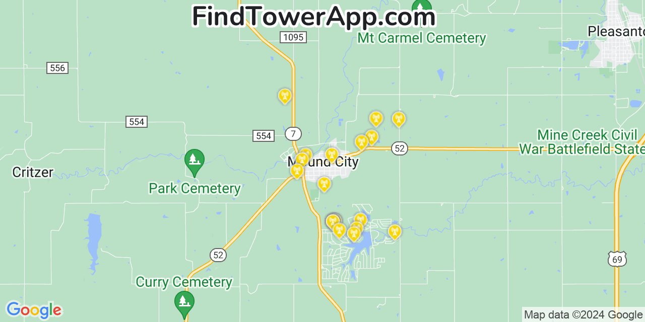 AT&T 4G/5G cell tower coverage map Mound City, Kansas