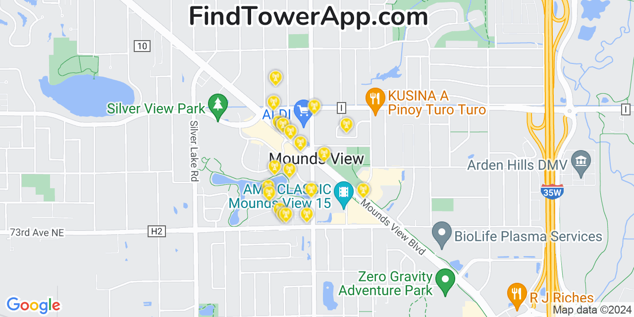 AT&T 4G/5G cell tower coverage map Mounds View, Minnesota