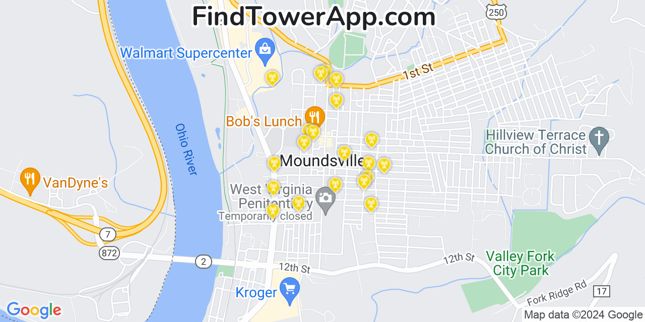 AT&T 4G/5G cell tower coverage map Moundsville, West Virginia