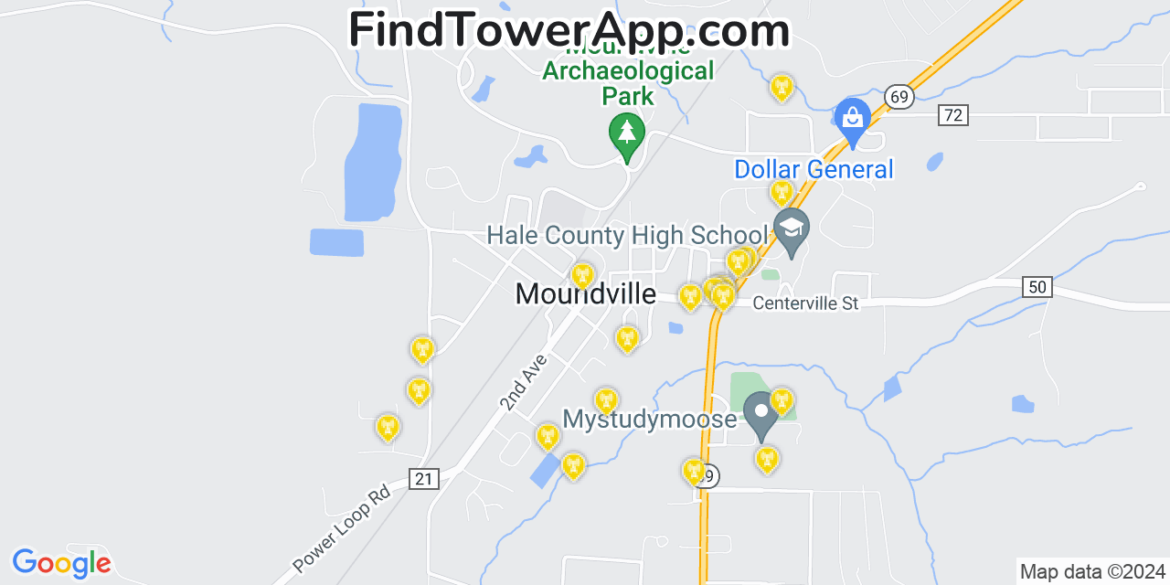 AT&T 4G/5G cell tower coverage map Moundville, Alabama