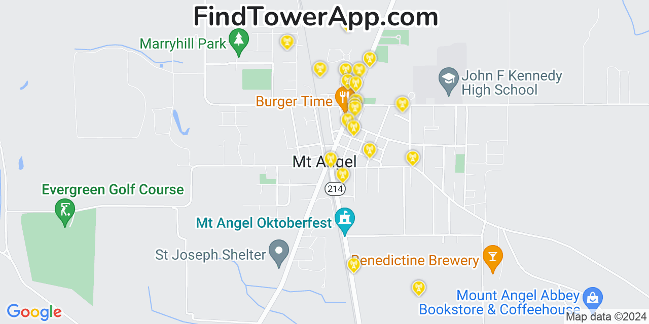 AT&T 4G/5G cell tower coverage map Mount Angel, Oregon