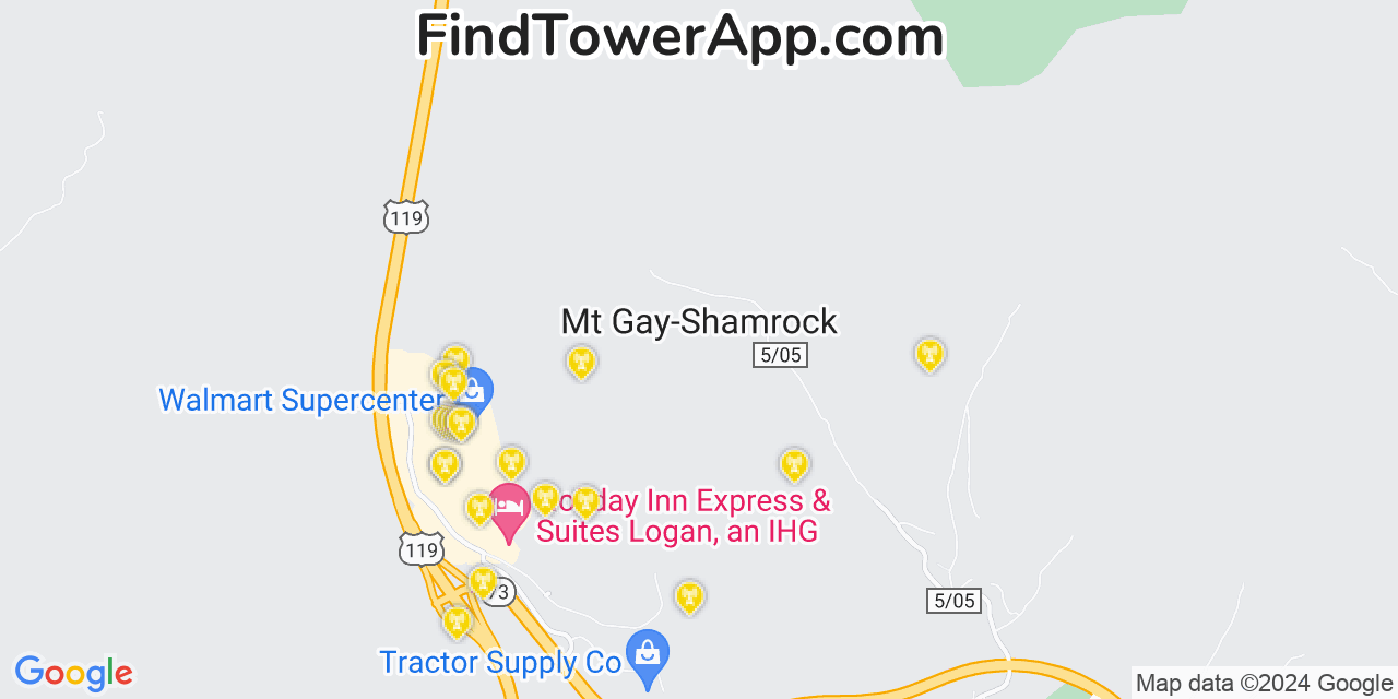 AT&T 4G/5G cell tower coverage map Mount Gay Shamrock, West Virginia