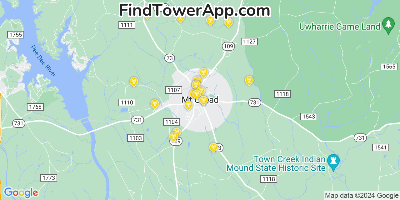 AT&T 4G/5G cell tower coverage map Mount Gilead, North Carolina