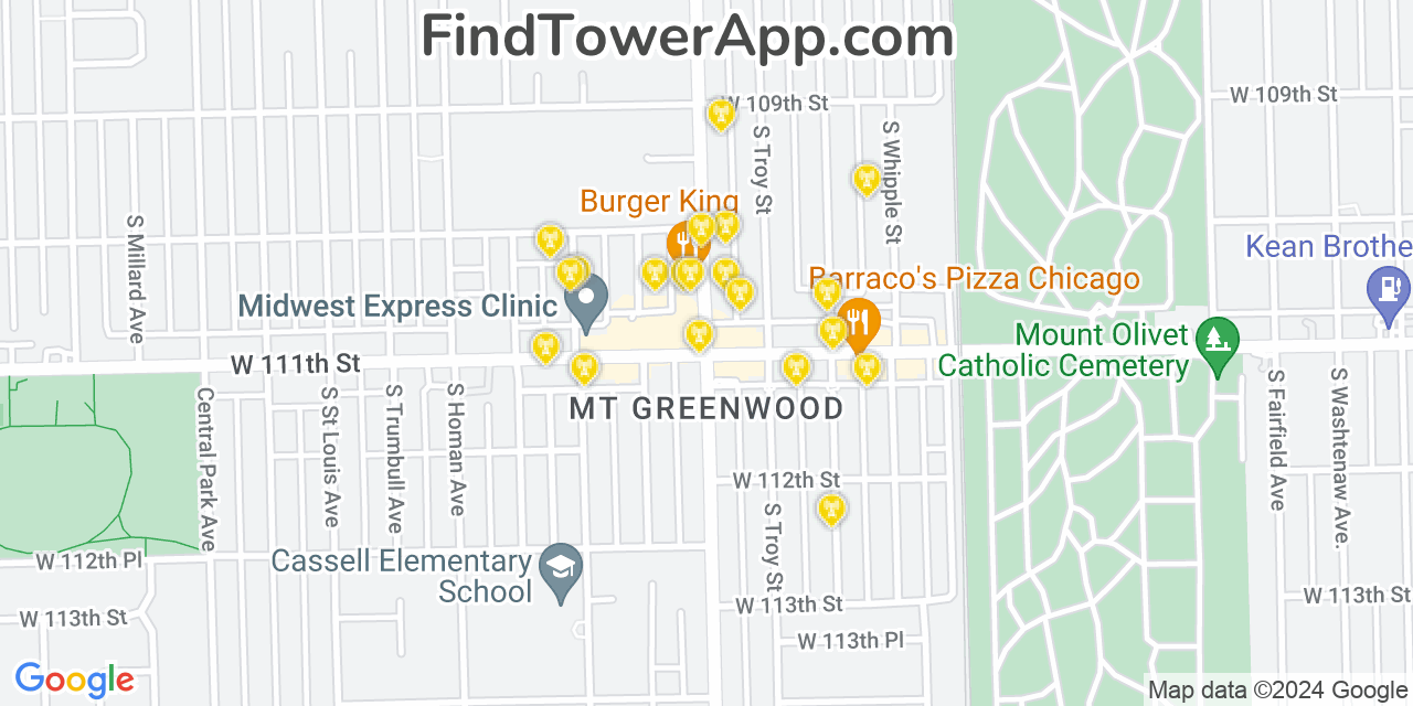 AT&T 4G/5G cell tower coverage map Mount Greenwood, Illinois