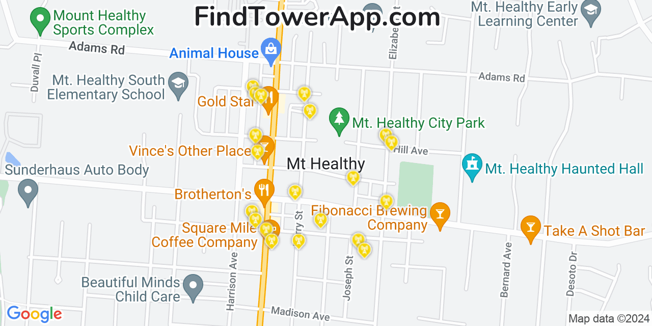AT&T 4G/5G cell tower coverage map Mount Healthy, Ohio