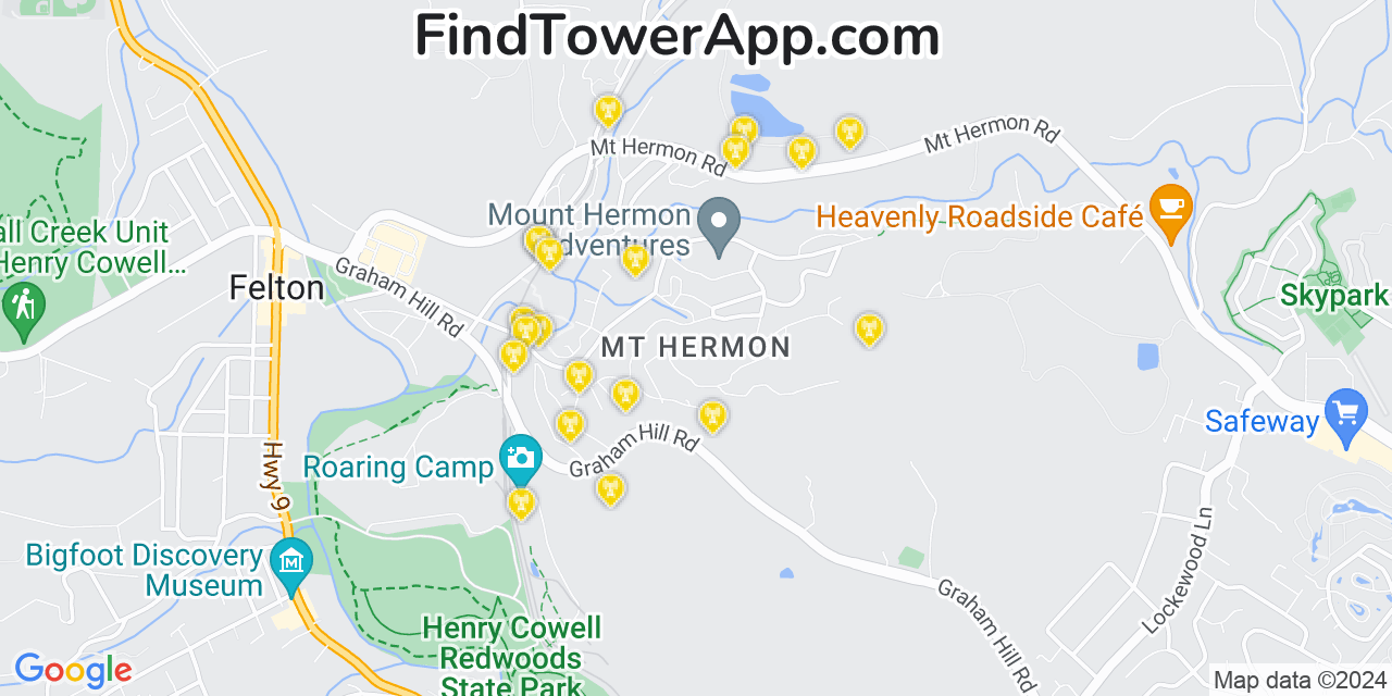 AT&T 4G/5G cell tower coverage map Mount Hermon, California