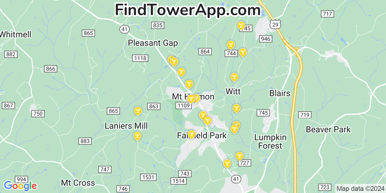 AT&T 4G/5G cell tower coverage map Mount Hermon, Virginia