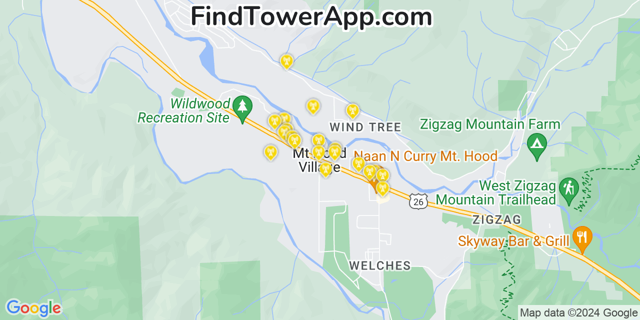 AT&T 4G/5G cell tower coverage map Mount Hood Village, Oregon