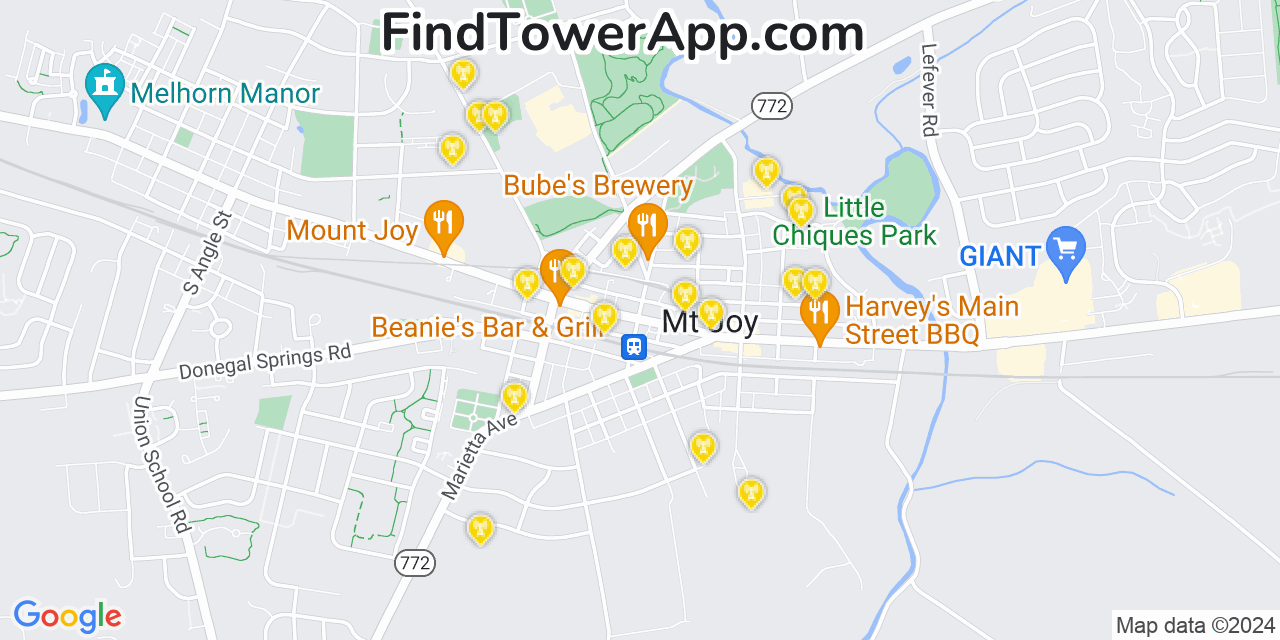 AT&T 4G/5G cell tower coverage map Mount Joy, Pennsylvania