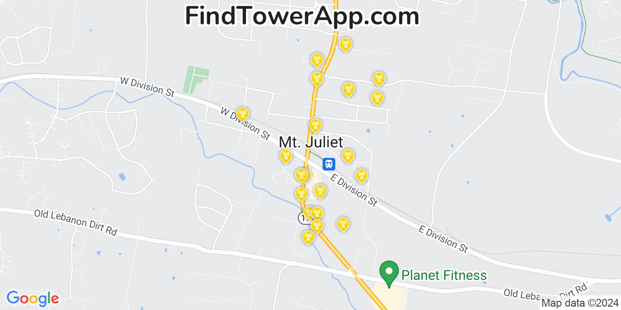 AT&T 4G/5G cell tower coverage map Mount Juliet, Tennessee