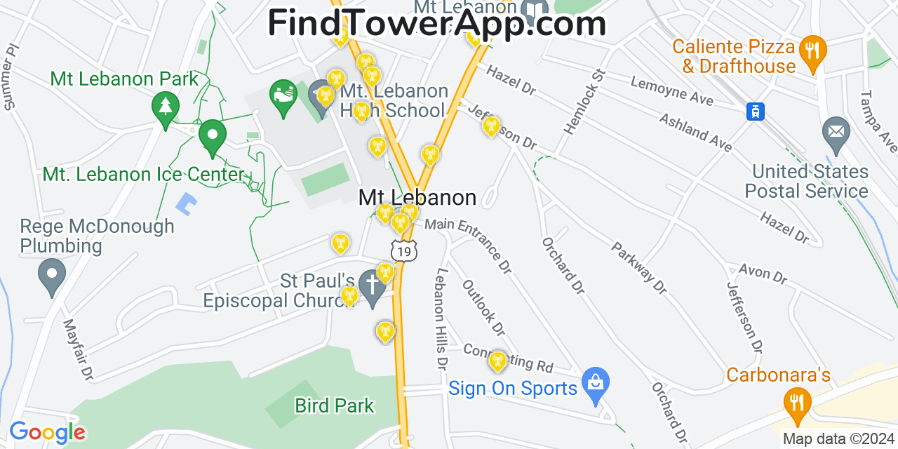 AT&T 4G/5G cell tower coverage map Mount Lebanon, Pennsylvania