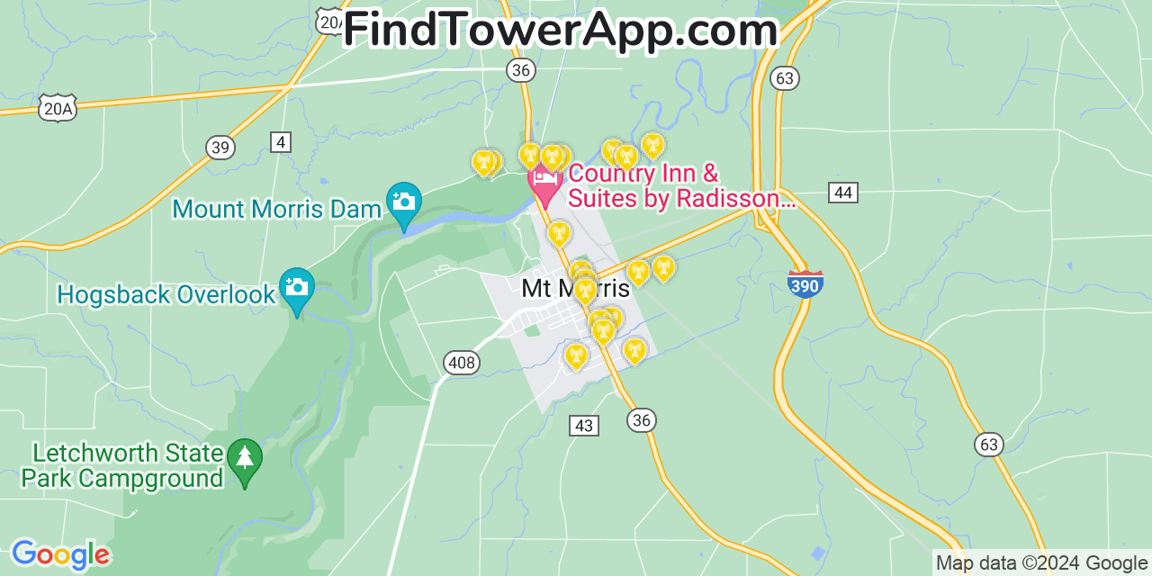 AT&T 4G/5G cell tower coverage map Mount Morris, New York