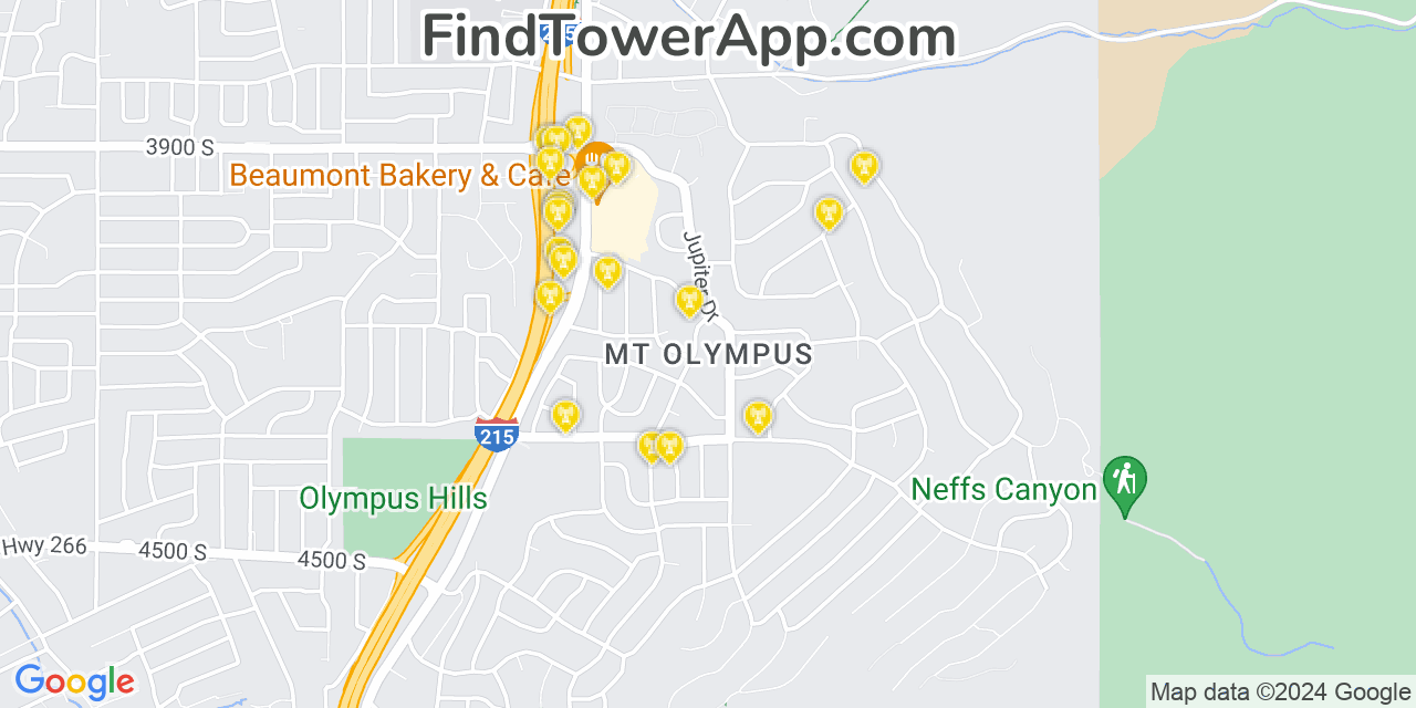AT&T 4G/5G cell tower coverage map Mount Olympus, Utah